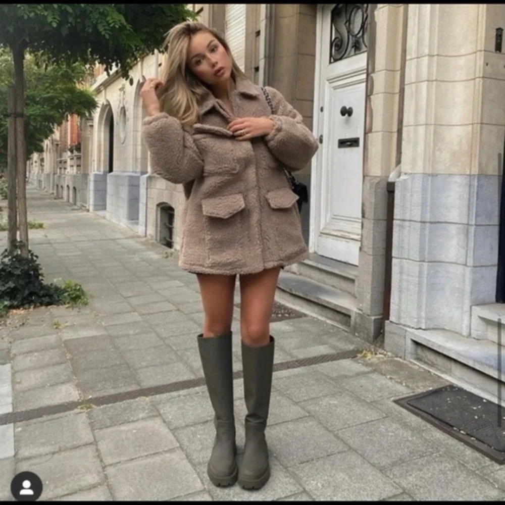 ZARA Khaki Green Rubber Knee-High Chunky Low Platform Pull-On Rain Comfort Boots
